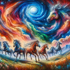 Fototapeta premium Vibrant cosmic scene with horses running under a swirling galaxy