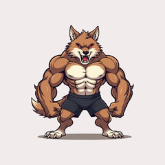 Powerful Angry wolf mascot logo. A fierce anthropomorphic wolf character with a muscular body vector illustration.. 