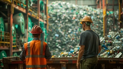 Industrial recycling facility scene with workers in safety gear. Focus on green glass bottle accumulation showcases specialized operations. Theme of large-scale recycling efforts emphasized.