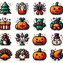 Festive Holiday Icon Set for Christmas, Halloween, and New Year	