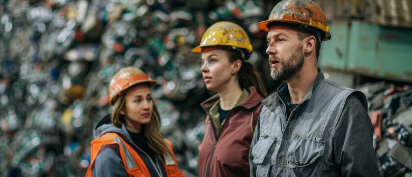 A diverse team at a recycling facility collaborates to manage metal waste. Workers in helmets and vests unite to organize materials in a busy warehouse setting.