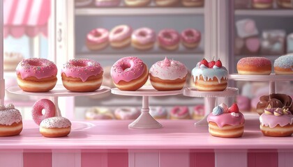 A colorful display of donuts in a bakery, with pink and white frosting.