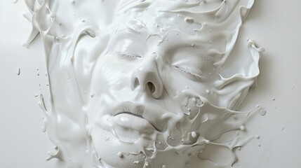 Fototapeta premium Abstract human face come out from the puddle of milk or white paint on the white floor.