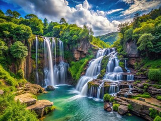 Isolated Waterfall Cascading Down Rocky Cliff Surrounded by Lush Greenery in a Natural Landscape