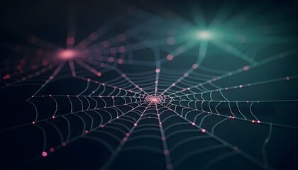 Obraz premium A glowing spider web appears in the dark, illuminated by soft, colorful lights in the background