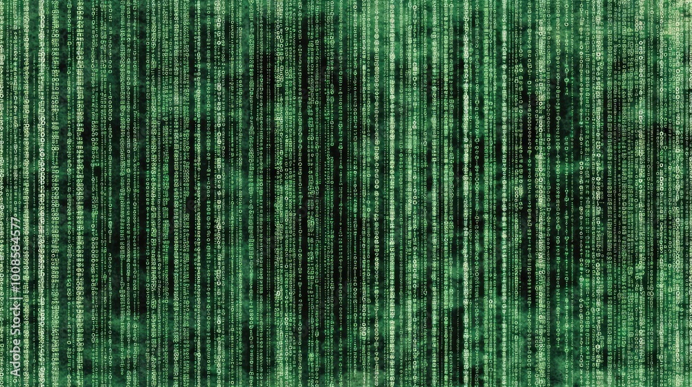 Poster a cyberpunk-style mobile web banner with bright green binary code cascading across the frame, set ag