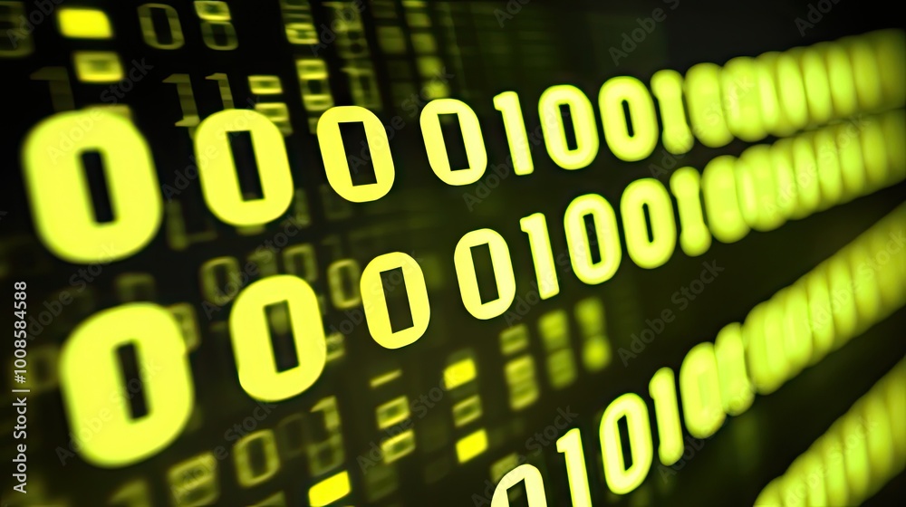 Poster a cyberpunk-style mobile web banner with bright green binary code cascading across the frame, set ag