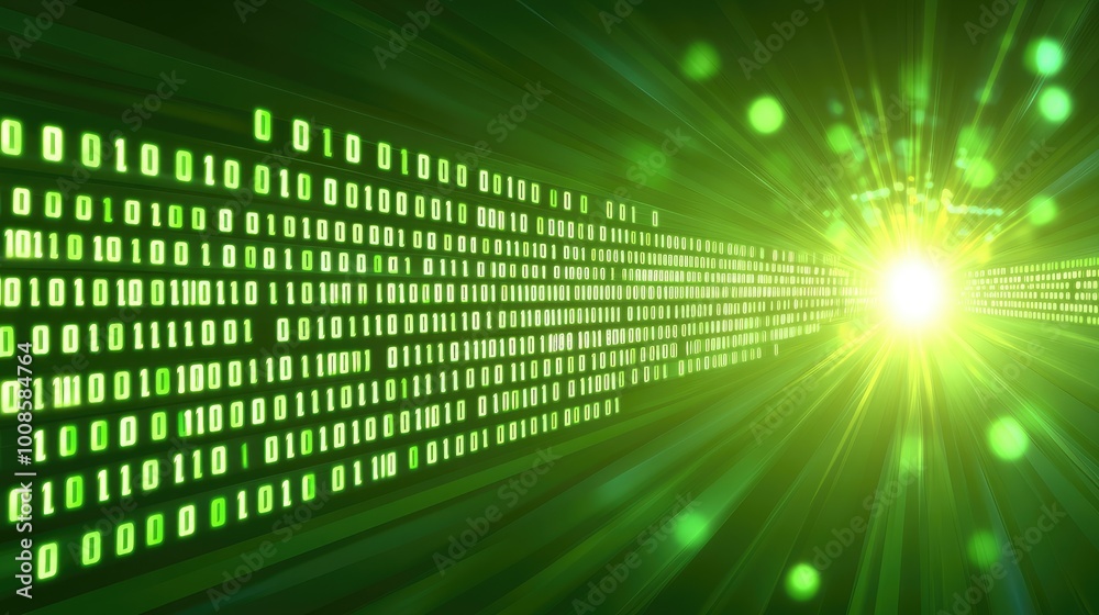 Poster a cyberpunk-style mobile web banner with bright green binary code cascading across the frame, set ag