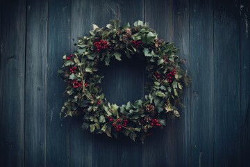 Christmas Wreath with Berries and Pine Cones on Blue Wooden Wall
