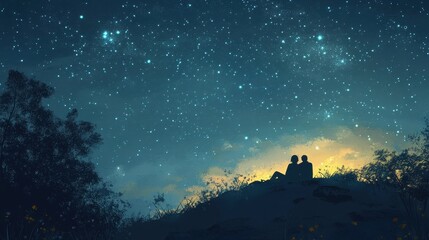 Starry Night Sky with Silhouetted Figures Sitting on a Hill