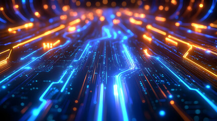 Abstract 3D Rendering of a Futuristic Circuit Board with Glowing Blue and Orange Lines