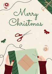 Greeting card with Christmas gift wrapping. A close-up of hands elegantly wrapping Christmas presents with colorful green wrapping paper, ribbons, and bows. Xmas card. Box wrapping vector flat 