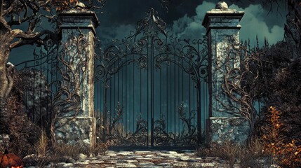Obraz premium Enigmatic entrance of a haunted gate, framed by twisted trees under a stormy sky, evoking mystery and eerie ambiance.