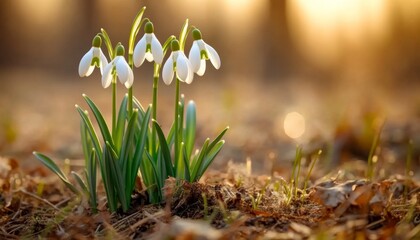 A group of white snowdrop flowers bloom in a forest with a soft, warm glow in the background.