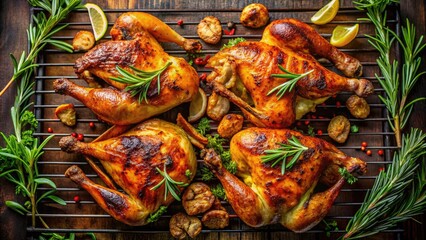 Juicy Seasoned Chickens Roasted to Perfection on a Grill with Fresh Herbs and Spices Surrounding Them