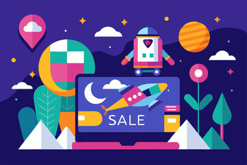 Cyber monday sale with colorful rocket and digital elements design
