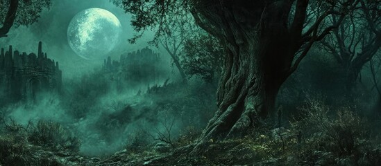 A haunting forest scene illuminated by a full moon, featuring dark trees and a mysterious castle in the background.