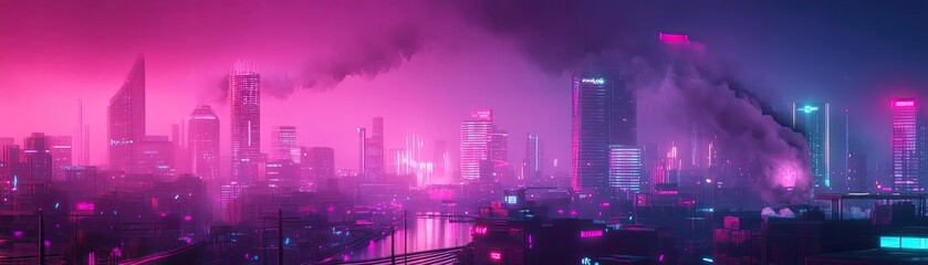 Obraz premium Futuristic cityscape with neon lights, vibrant colors, and atmospheric effects depicting a captivating urban night scene.