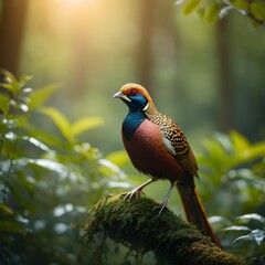 Obraz premium Golden Elegance: Serene Capture of a Golden Pheasant in Soft Sunlight