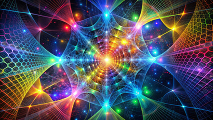 Vibrant fractal grid bursting with colors and swirling patterns creates mesmerizing visual experience. intricate design captivates with its dynamic energy and depth