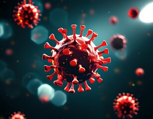An abstract visualization of a pandemic, represented by floating virus particles against a dark, unsettling background