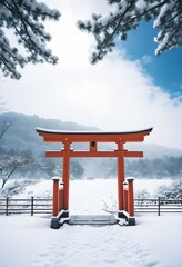 Serene Japanese Tori Gate with Winter Snow