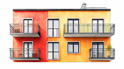 Obraz premium Digital Illustration of a Two-Story Building with Orange and Yellow Walls, Featuring Balconies with Black Railings and Windows