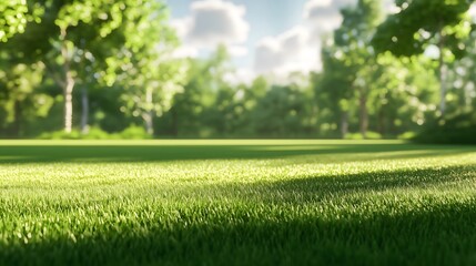 Obraz premium Green meadow bathed in golden sunlight stretches towards a clear blue sky, dotted with fluffy white clouds