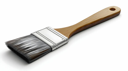A 3D Render of a Wooden-Handled Paint Brush with Silver Trim Isolated on a White Background