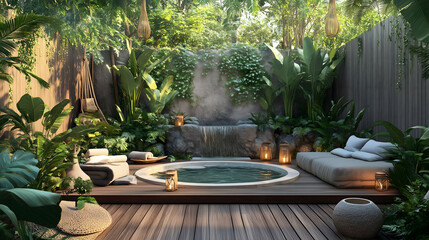 Spa with Hot Tub and Plants in Tropical Environment