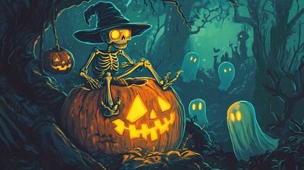 Halloween illustration, skeleton sitting on a pumpkin