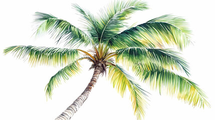 Watercolor Painting of a Palm Tree with Green Fronds Against a White Background