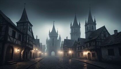 Fototapeta premium Heavy fog in the town illustration creepy background