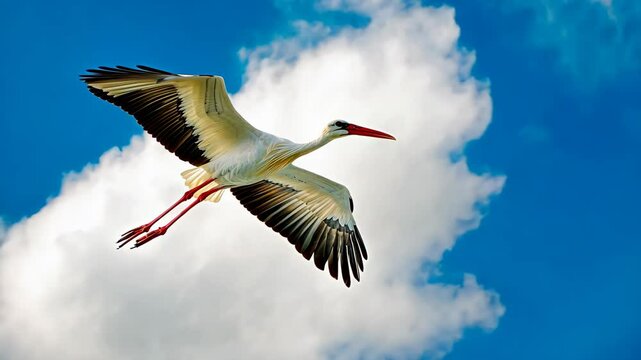 A white stork flies through a clear blue sky, its wings spread wide against a backdrop of fluffy white clouds