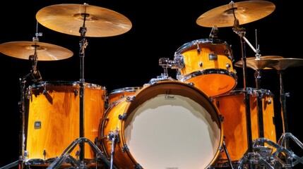 Fototapeta premium Orange Wooden Drumset On Stage, Five Piece Drum Kit, Rhythm Section Instrument Close-Up.