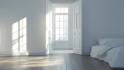 Fototapeta premium Minimalist bedroom interior with open door and bright sunlight