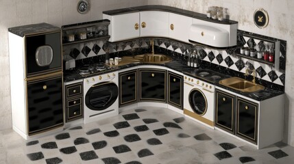 Obraz premium A high-end kitchen featuring contrasting black and white cabinetry with golden fixtures, set against a backdrop of sleek marble tiles, perfect for modern interiors.