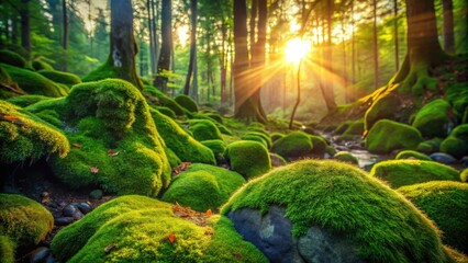 Lush Green Moss Covering Rocks in a Tranquil Natural Setting with Soft Light and Forest Background