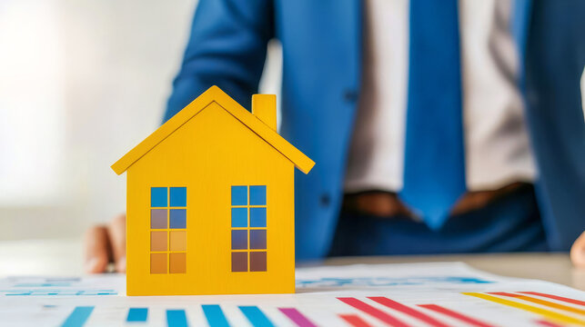 A businessman inspects financial charts with a yellow model house, representing real estate investment and market analysis.