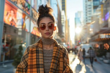 Fototapeta premium American woman in stylish outfit walking down city street with vibrant urban background, fashion, street style, cityscape, trendy, young, female, sidewalk, buildings, chic, confident