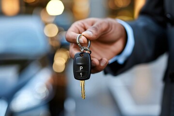 close-up shot of a waiter's hand holding a car key, showcasing the luxury service of valet parking at a high-end dealership.