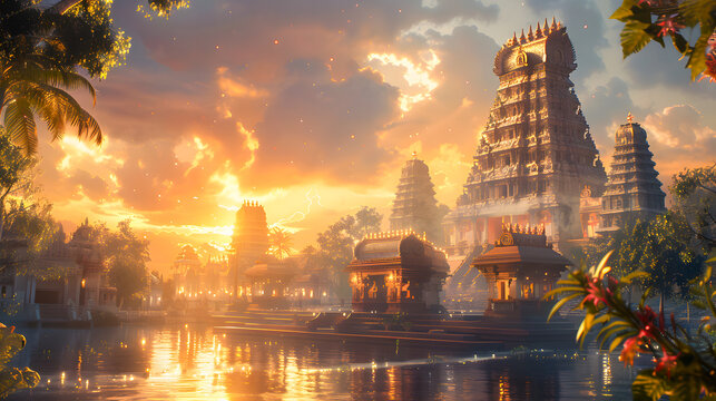 Wallpaper for Puthandu with a majestic temple at dusk
