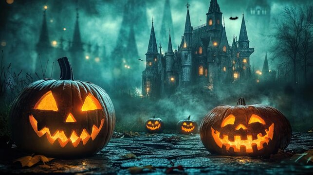 Haunting Halloween scene with glowing jack-o'-lanterns in front of a mysterious castle under a moonlit sky.