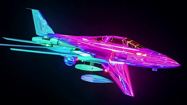 Fighter jet 3D model of a futuristic , bright neon lights on a black background. Generative AI
