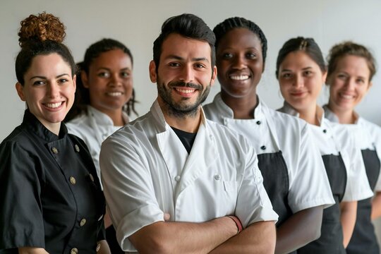 Group photo of diverse restaurant staff standing in a row smiling and looking happy in their uniforms, with a white background.
