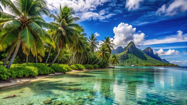 Lush Tropical Landscape of Kosrae Island Featuring Palm Trees and Crystal Clear Ocean Waters