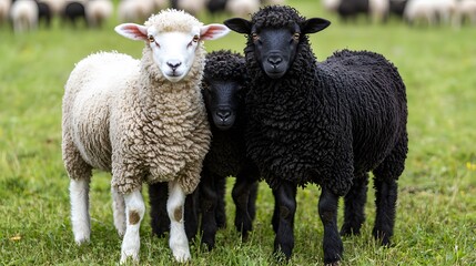Fototapeta premium Three adorable sheep, one white and two black, posing together in a green field.