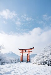 Serene Snow-Covered Tori Gate with Mount Fuji
