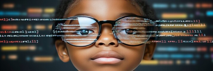 Young Girl Explores the World of Coding, Gazing Through Glasses Reflecting Programming Language