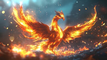 A fiery phoenix rising triumphantly from the ashes, embodying rebirth and strength.